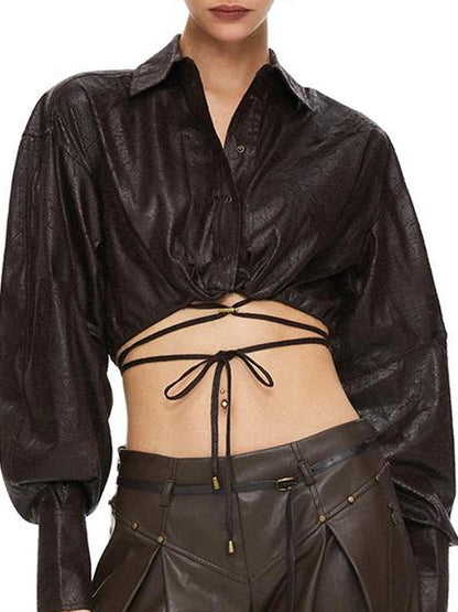 kvkv Torn Bark Texture Drawstring Crop Shirt