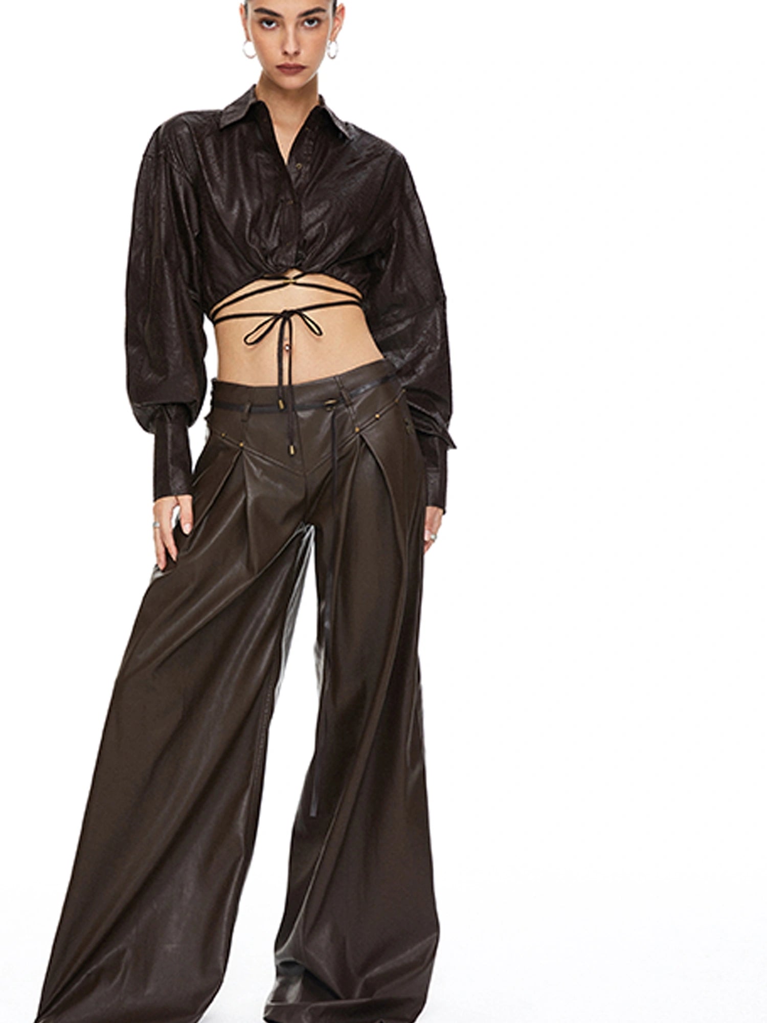 kvkv Torn Bark Texture Drawstring Crop Shirt