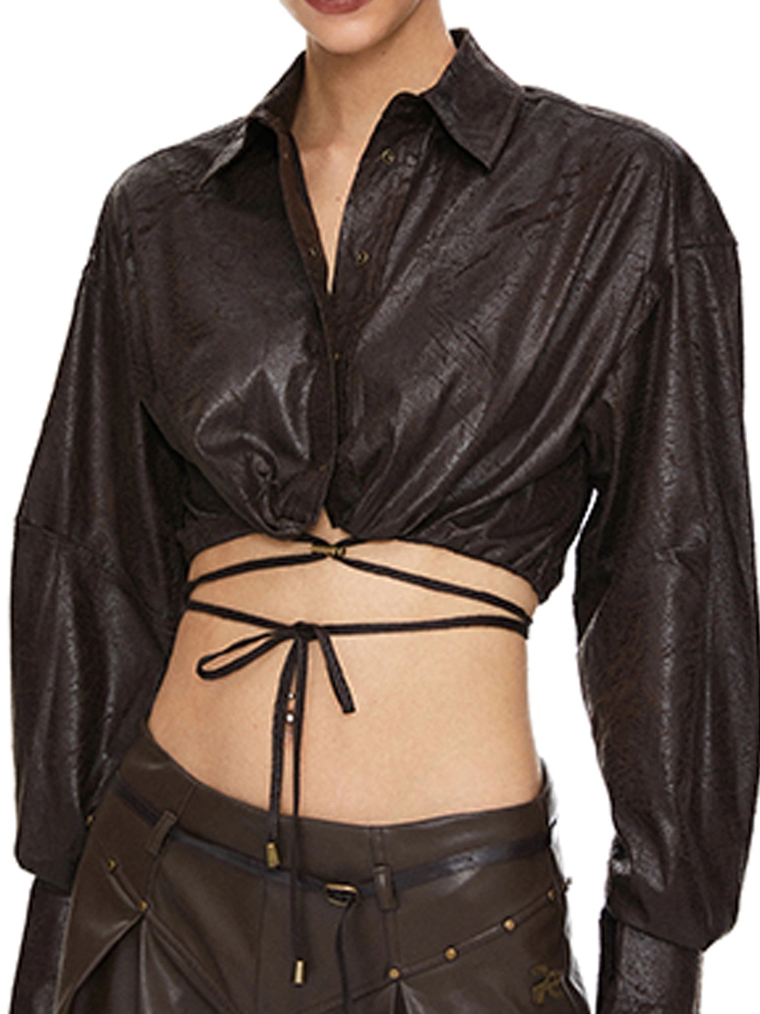 kvkv Torn Bark Texture Drawstring Crop Shirt