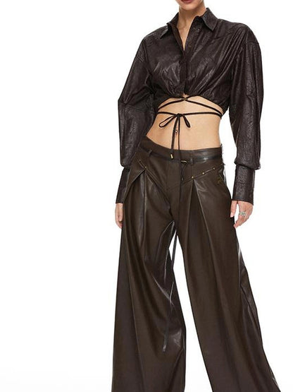 kvkv Torn Bark Texture Drawstring Crop Shirt