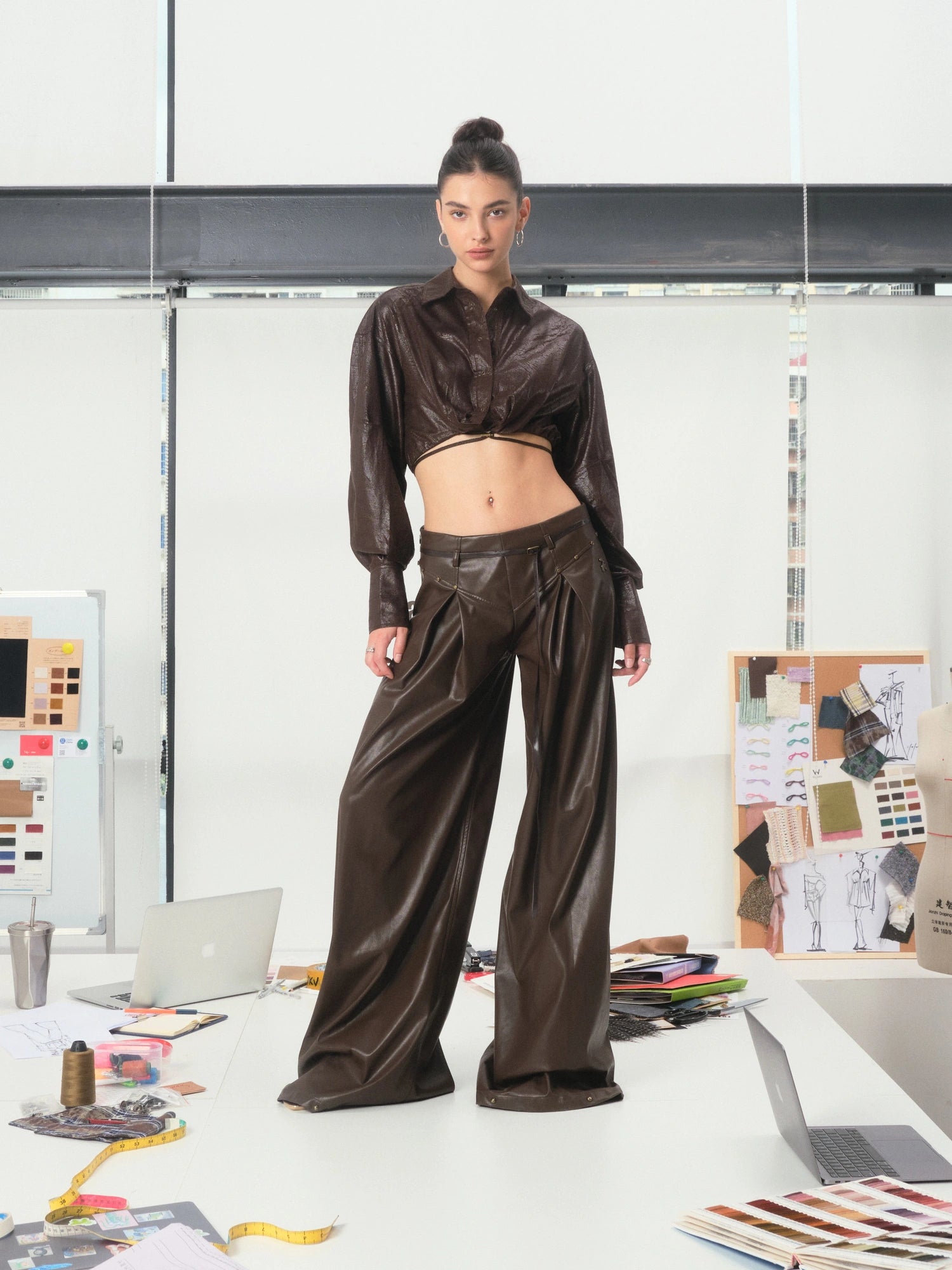 kvkv Torn Bark Texture Drawstring Crop Shirt