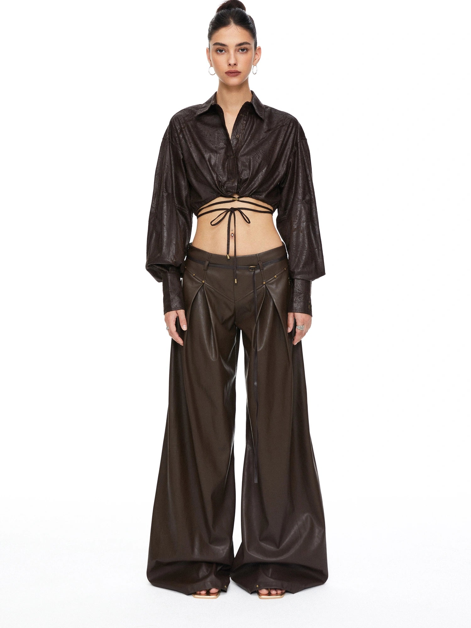 kvkv Torn Bark Texture Drawstring Crop Shirt