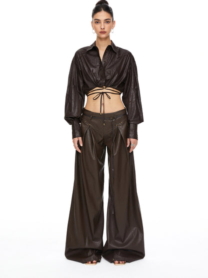 kvkv Torn Bark Texture Drawstring Crop Shirt
