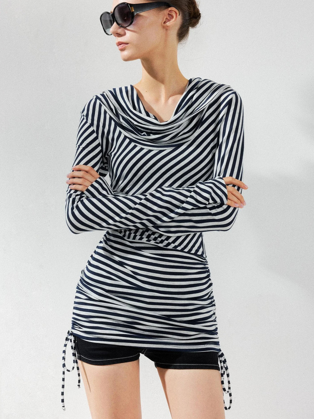 kvkv Two Strap Striped Hooded Off Shoulder Tie Waist Dress