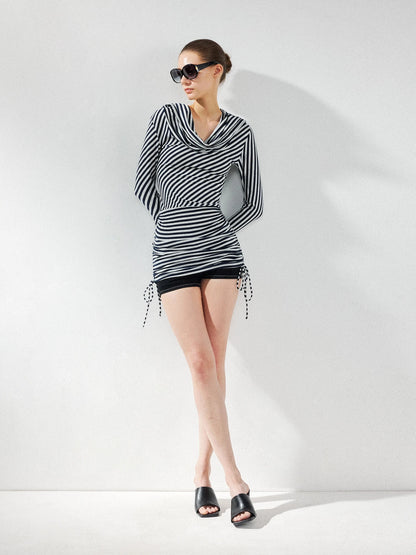 kvkv Two Strap Striped Hooded Off Shoulder Tie Waist Dress