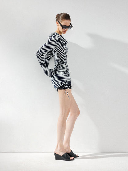 kvkv Two Strap Striped Hooded Off Shoulder Tie Waist Dress