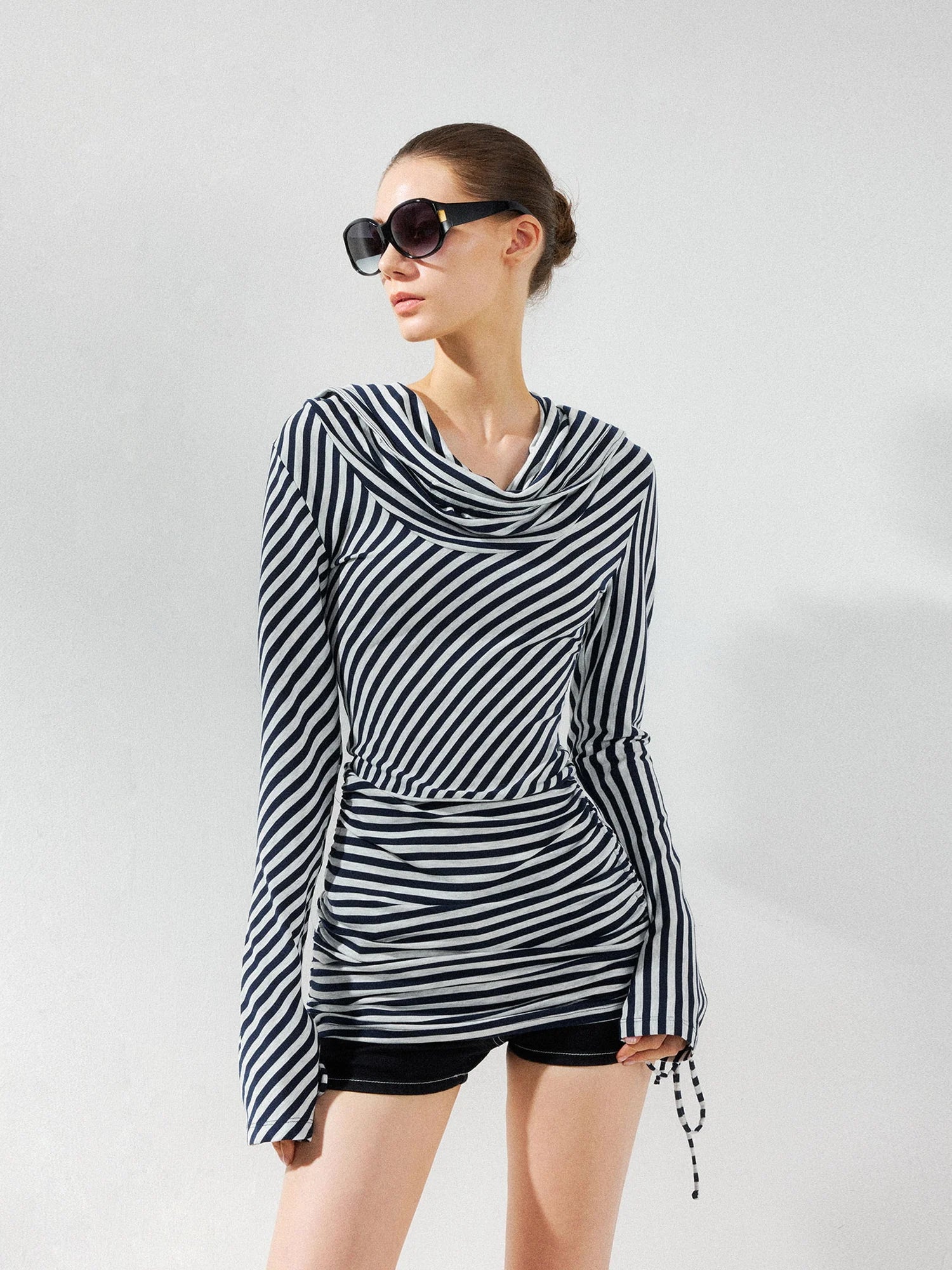 kvkv Two Strap Striped Hooded Off Shoulder Tie Waist Dress