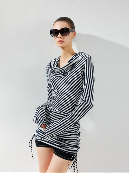kvkv Two Strap Striped Hooded Off Shoulder Tie Waist Dress