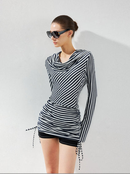 kvkv Two Strap Striped Hooded Off Shoulder Tie Waist Dress