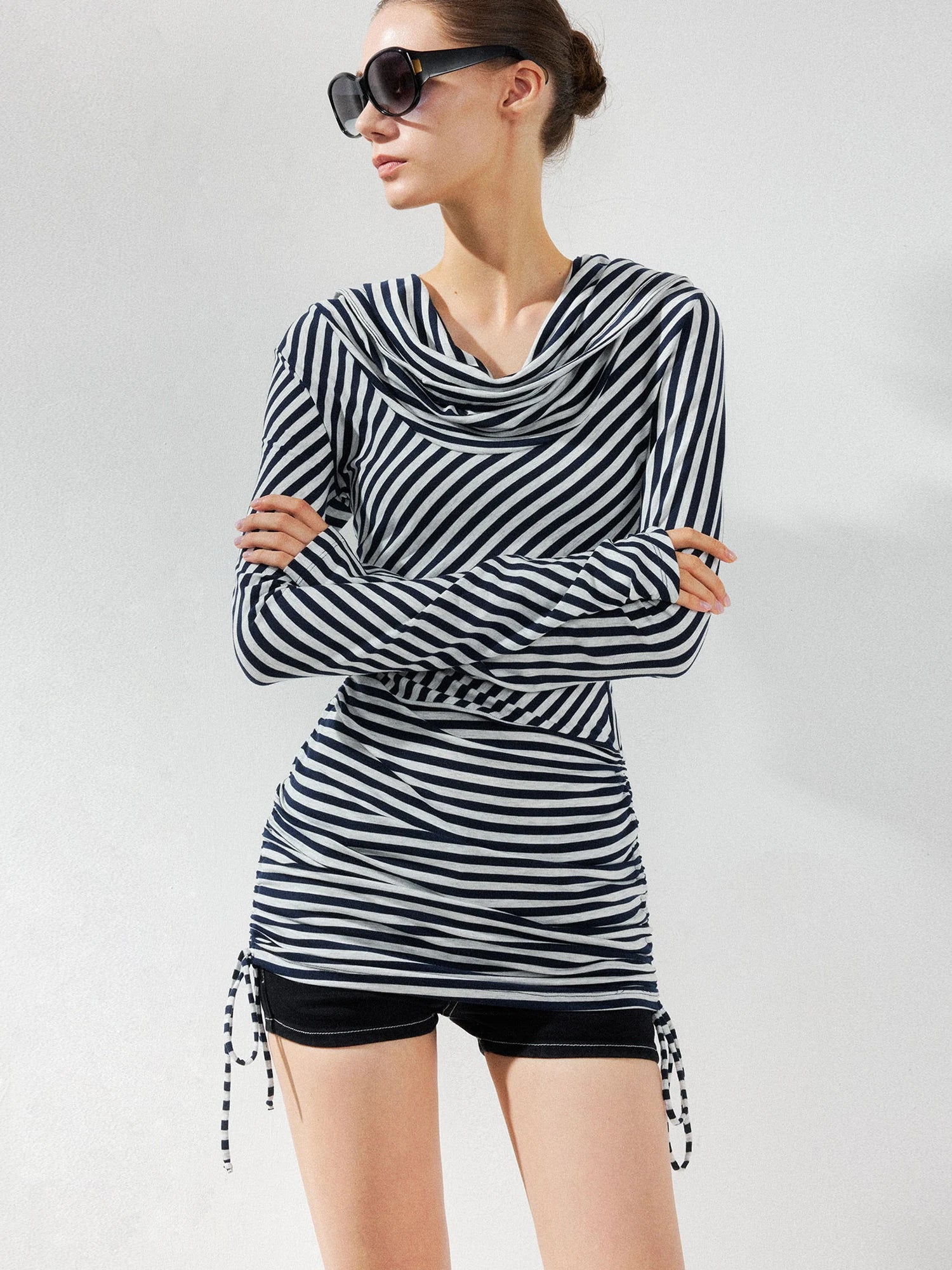 kvkv Two Strap Striped Hooded Off Shoulder Tie Waist Dress