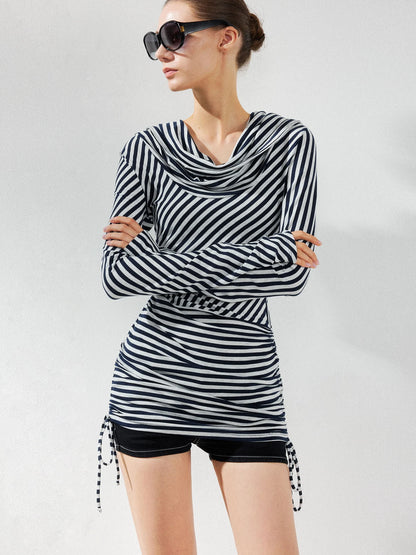 kvkv Two Strap Striped Hooded Off Shoulder Tie Waist Dress