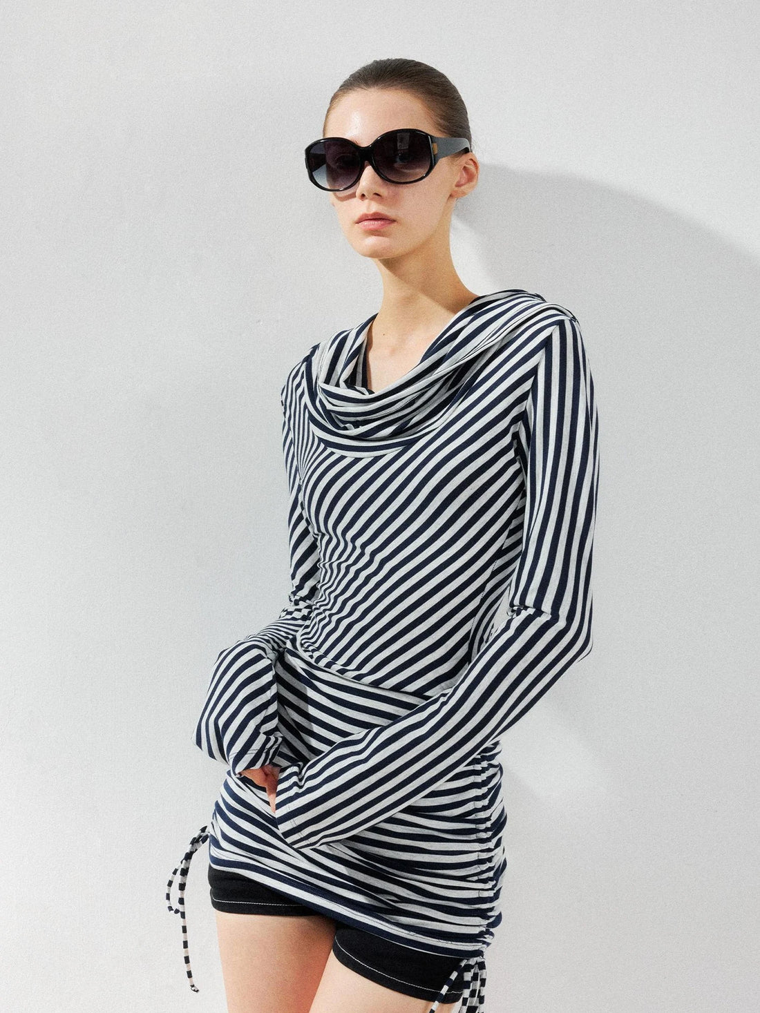 kvkv Two Strap Striped Hooded Off Shoulder Tie Waist Dress