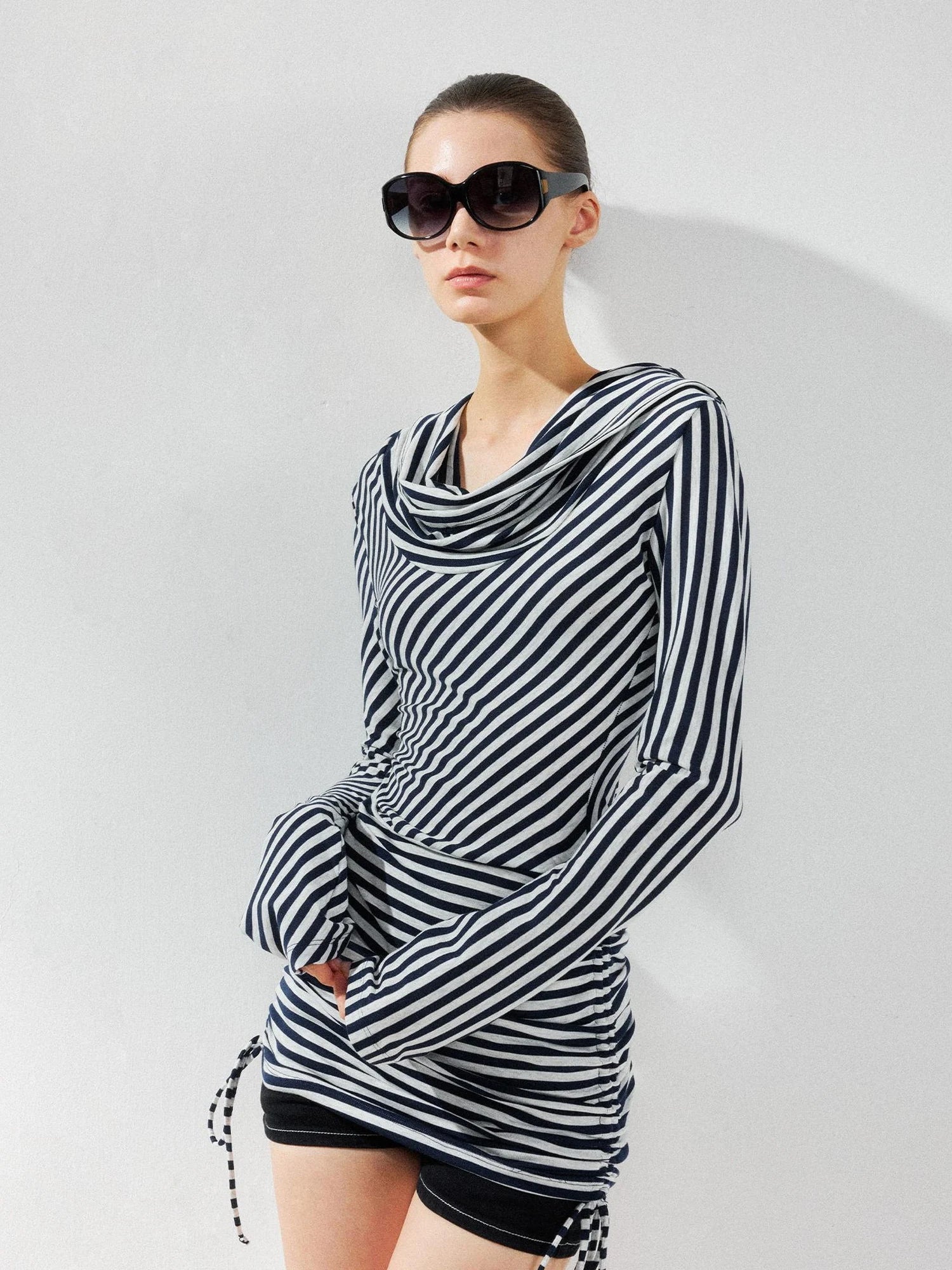 kvkv Two Strap Striped Hooded Off Shoulder Tie Waist Dress