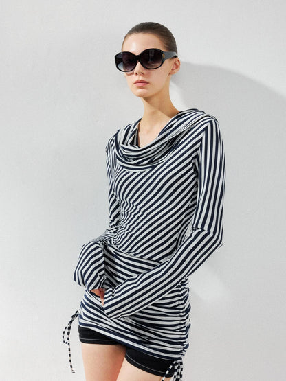 kvkv Two Strap Striped Hooded Off Shoulder Tie Waist Dress