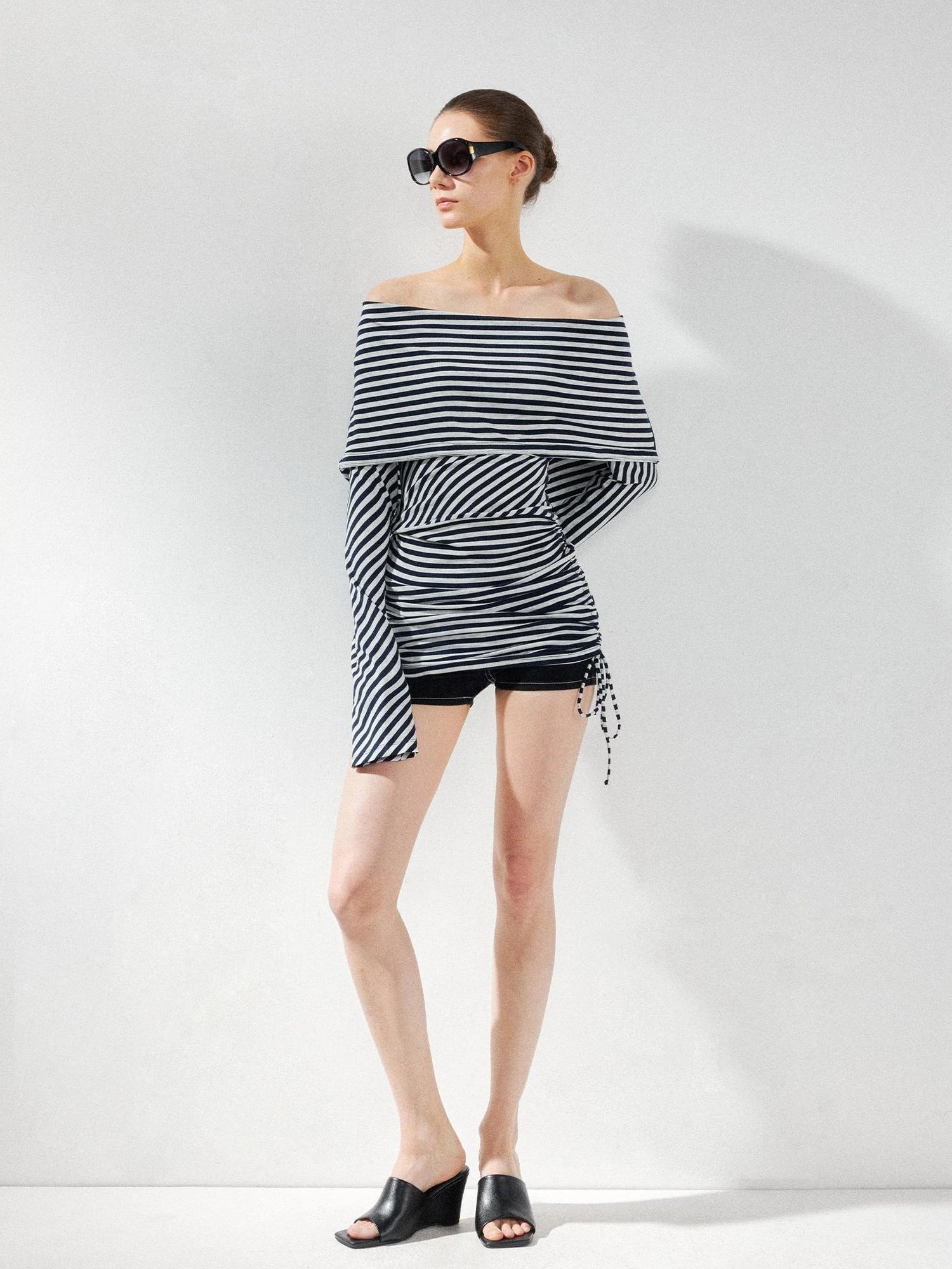 kvkv Two Strap Striped Hooded Off Shoulder Tie Waist Dress