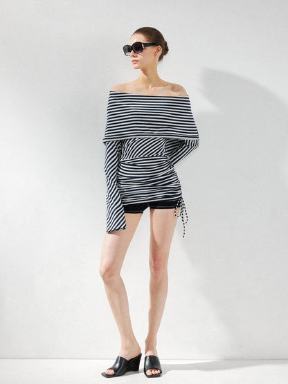 kvkv Two Strap Striped Hooded Off Shoulder Tie Waist Dress