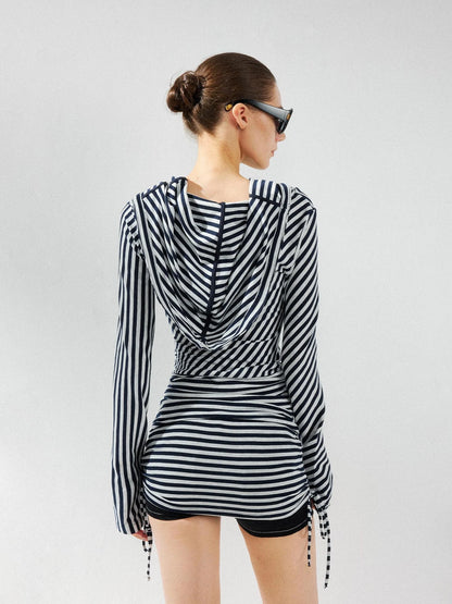 kvkv Two Strap Striped Hooded Off Shoulder Tie Waist Dress