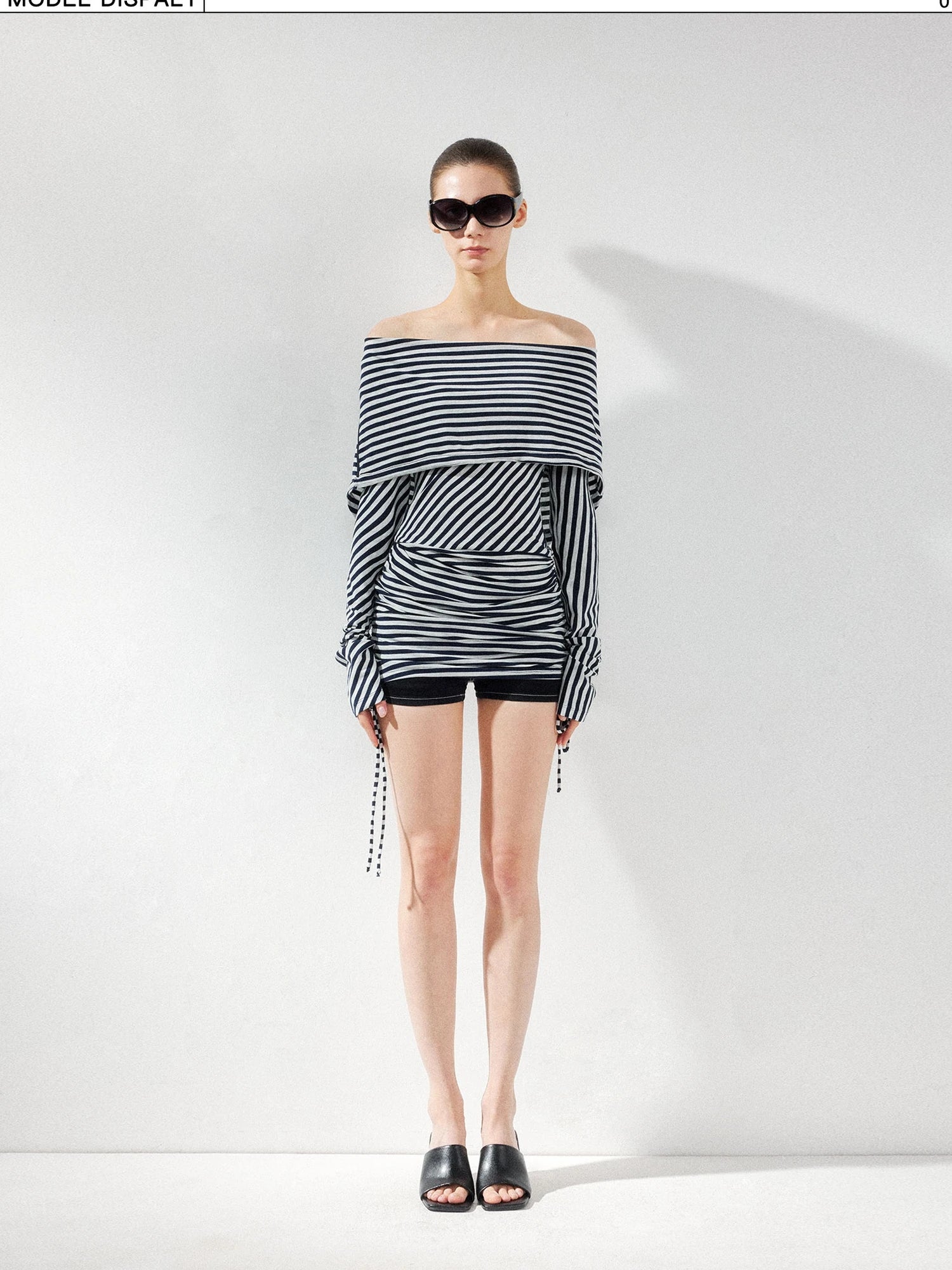 kvkv Two Strap Striped Hooded Off Shoulder Tie Waist Dress