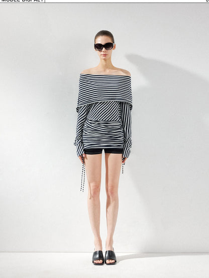 kvkv Two Strap Striped Hooded Off Shoulder Tie Waist Dress