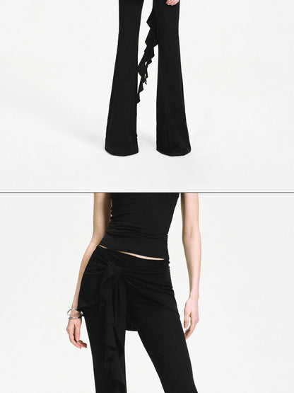 kvkv Two Tiered Flounce Tie Waist Flared Yoga Pants