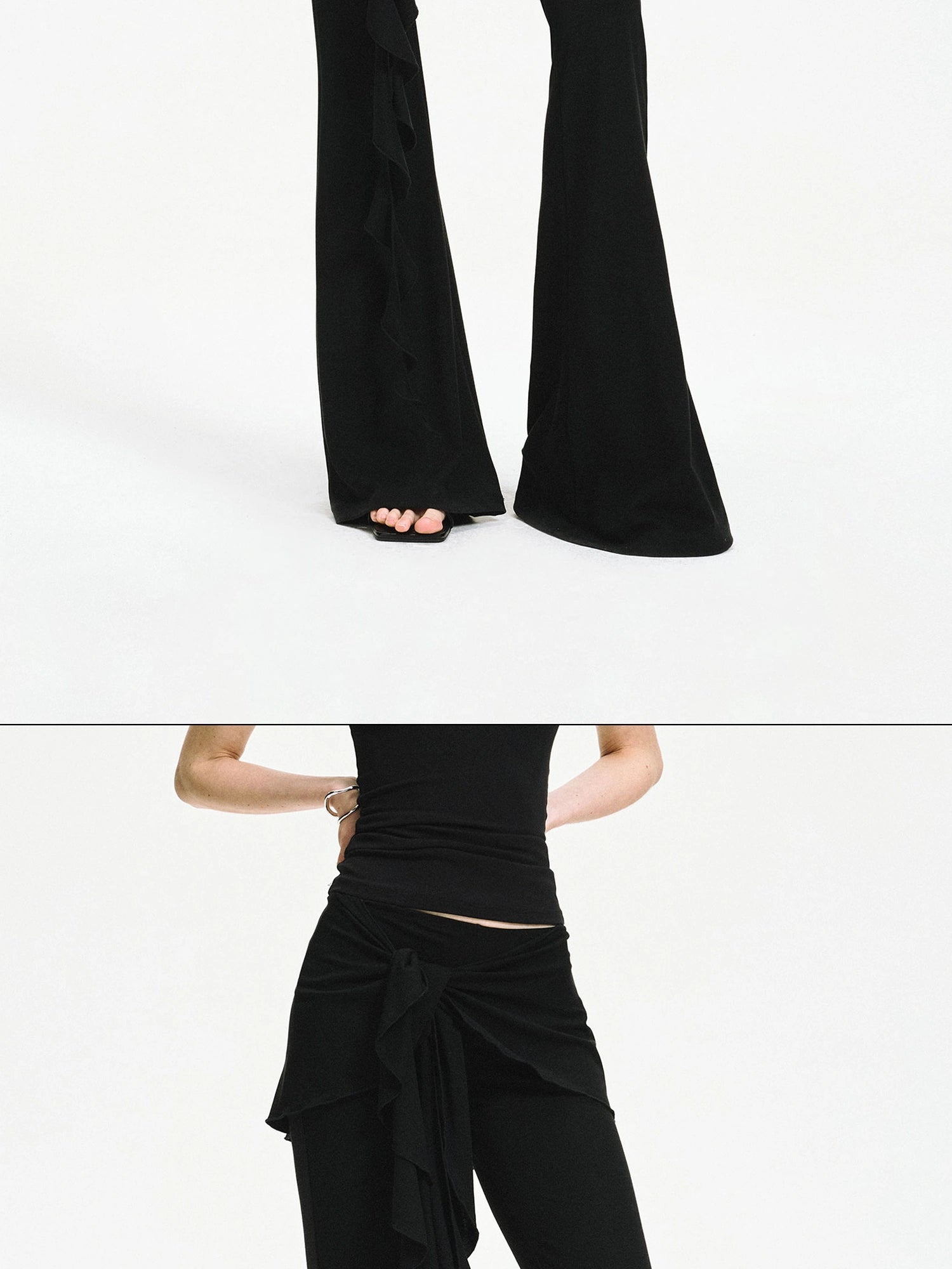 kvkv Two Tiered Flounce Tie Waist Flared Yoga Pants