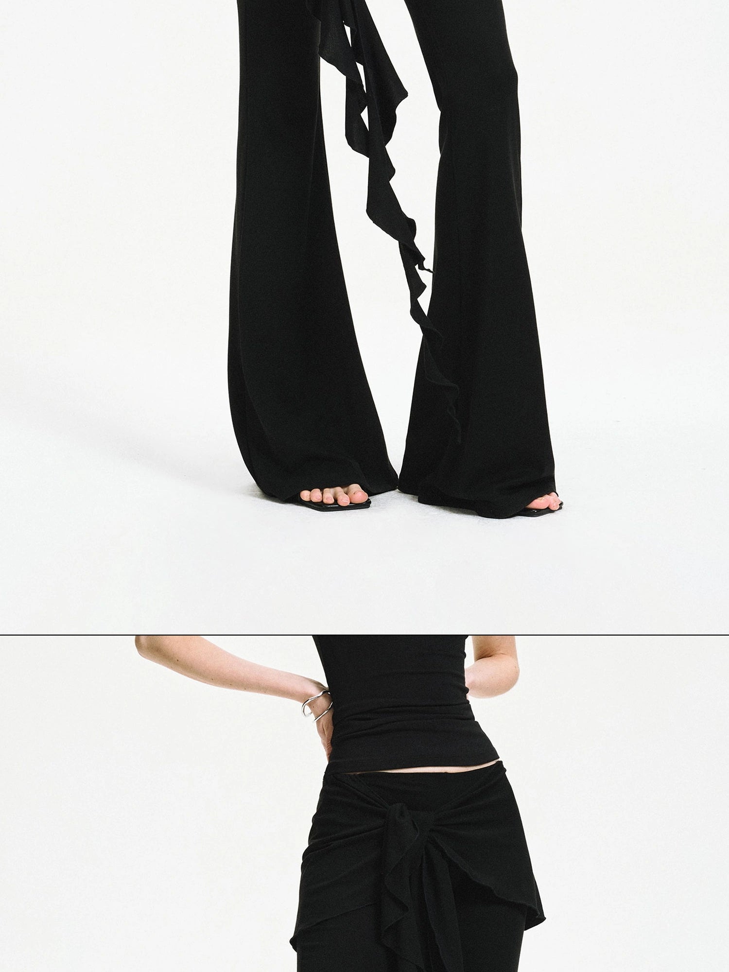 kvkv Two Tiered Flounce Tie Waist Flared Yoga Pants