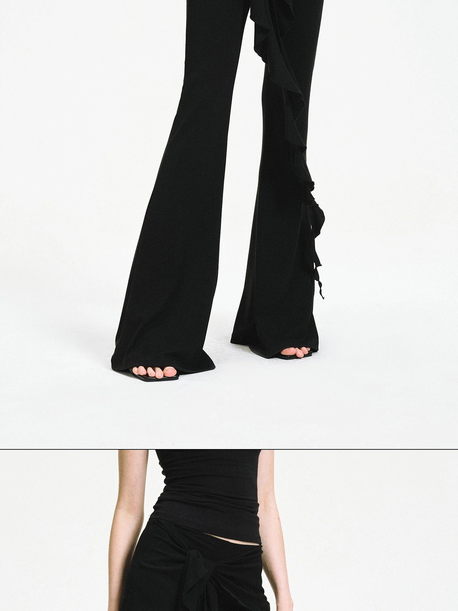 kvkv Two Tiered Flounce Tie Waist Flared Yoga Pants