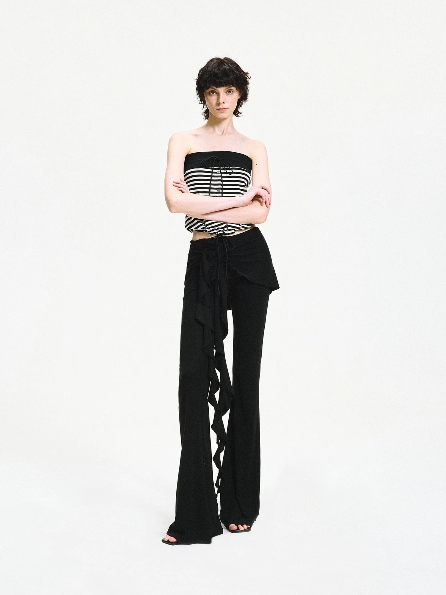 kvkv Two Tiered Flounce Tie Waist Flared Yoga Pants
