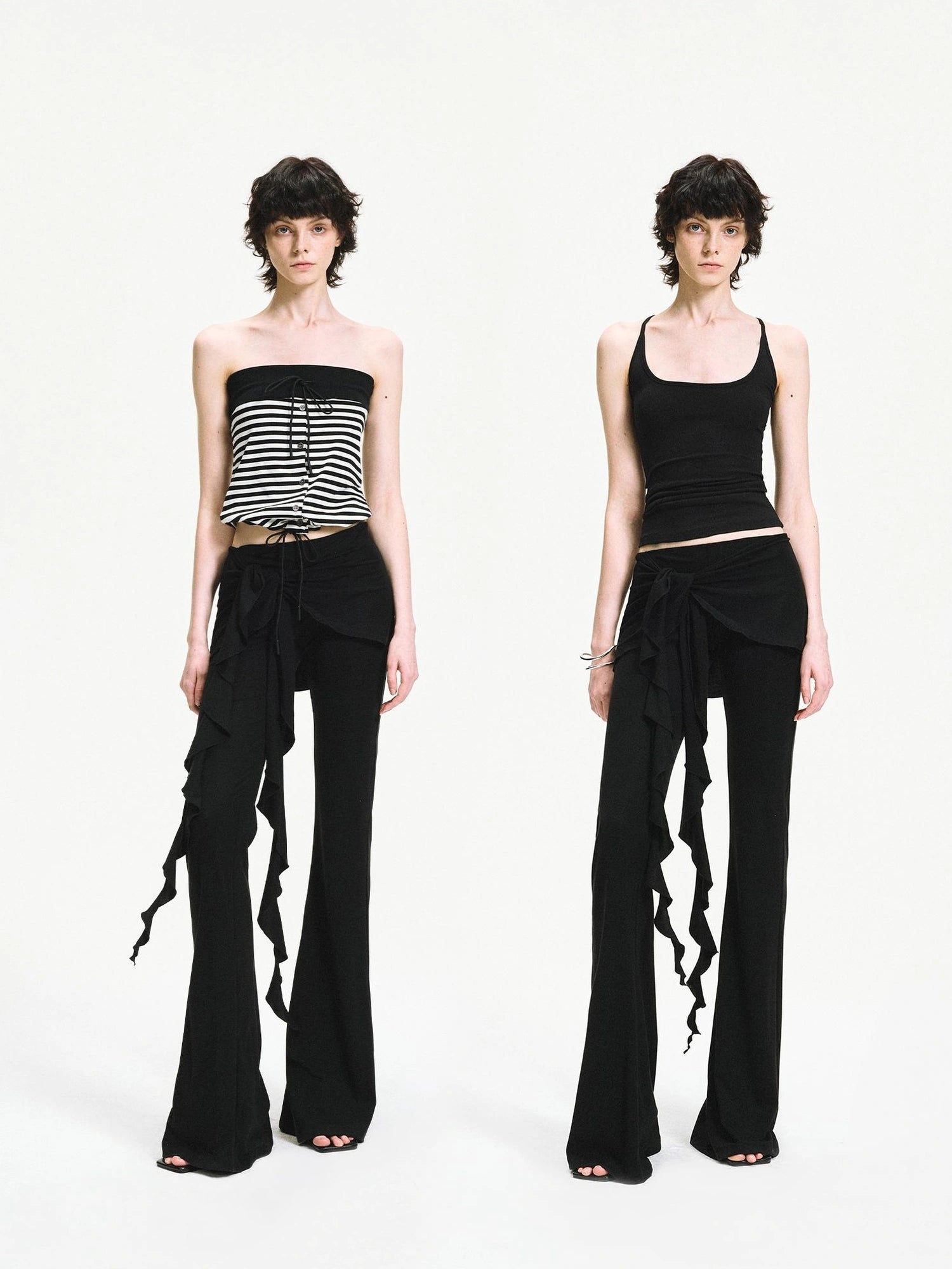 kvkv Two Tiered Flounce Tie Waist Flared Yoga Pants