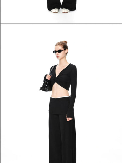 Two Tone Fold Waist Flared Trousers