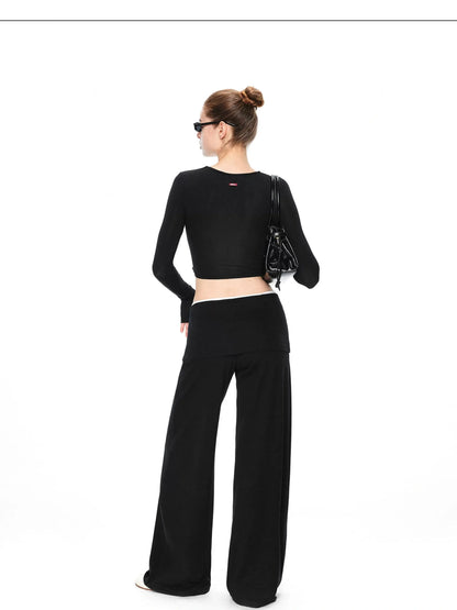 Two Tone Fold Waist Flared Trousers
