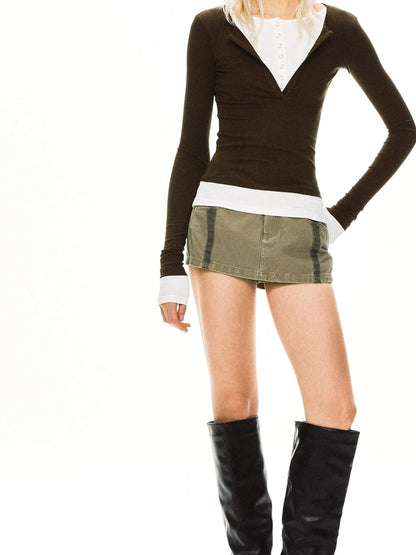 kvkv Two Tone Henley Layered Top