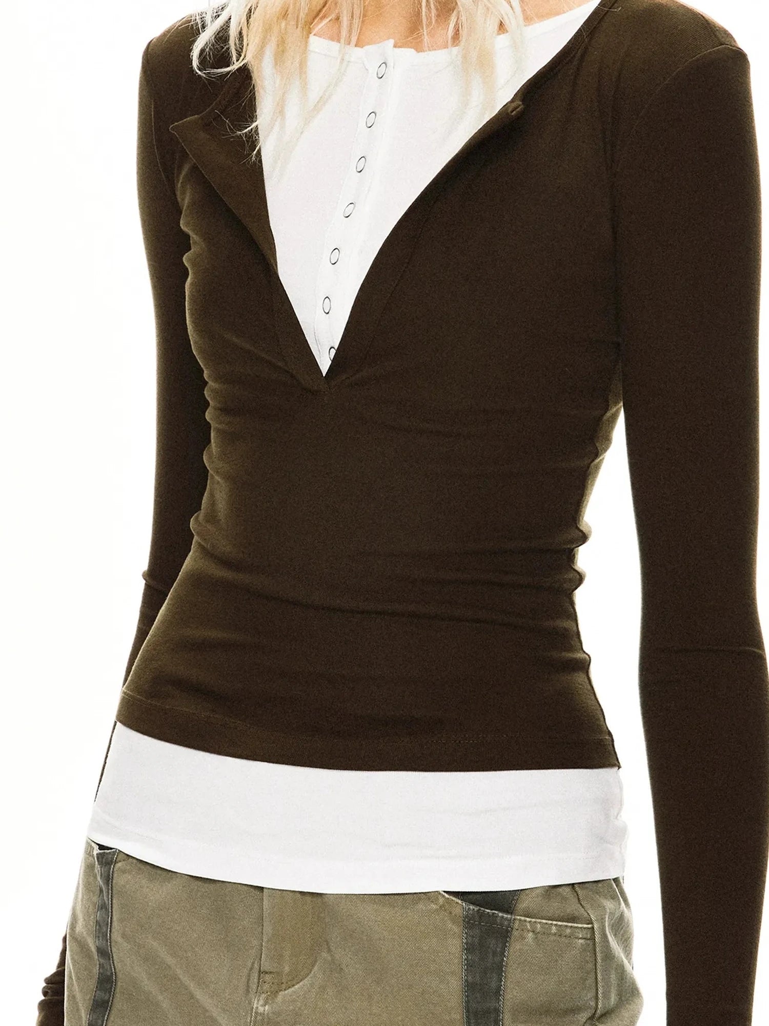 kvkv Two Tone Henley Layered Top