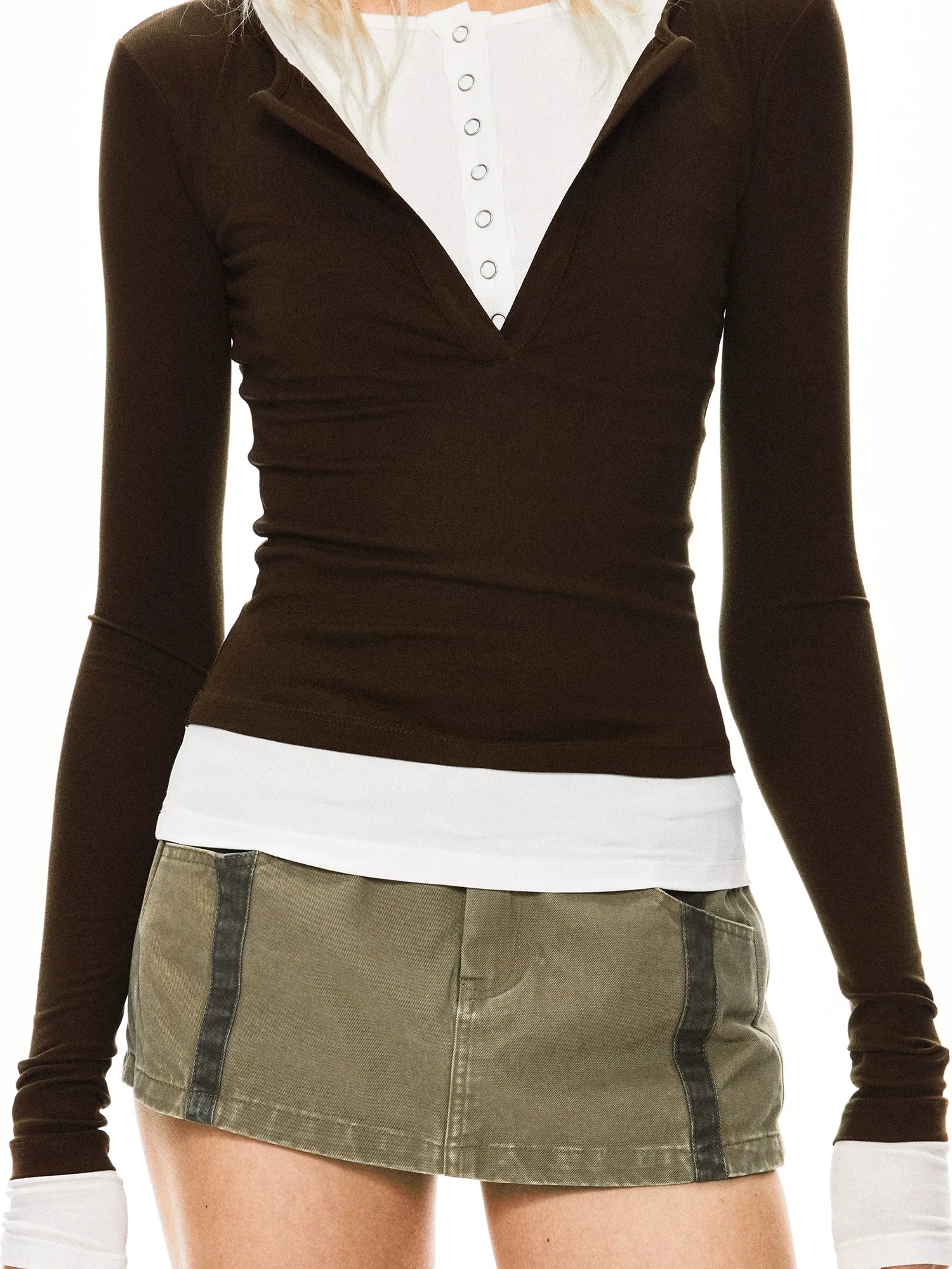 kvkv Two Tone Henley Layered Top