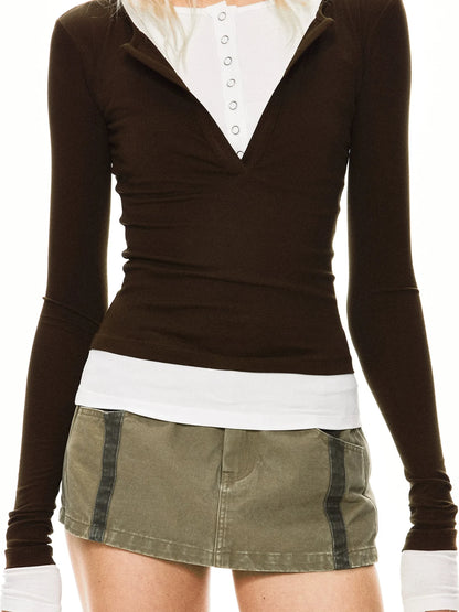 kvkv Two Tone Henley Layered Top
