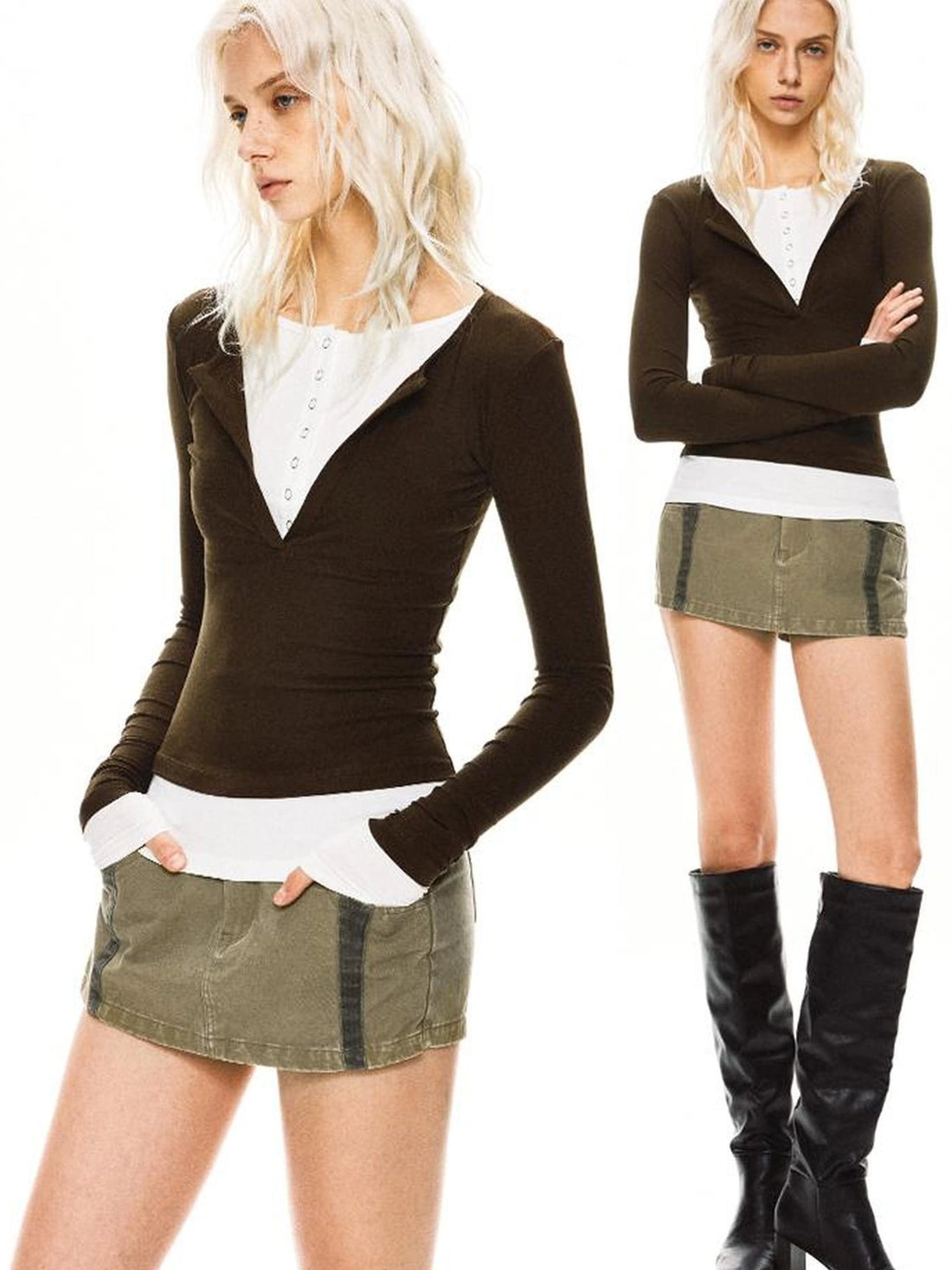 kvkv Two Tone Henley Layered Top