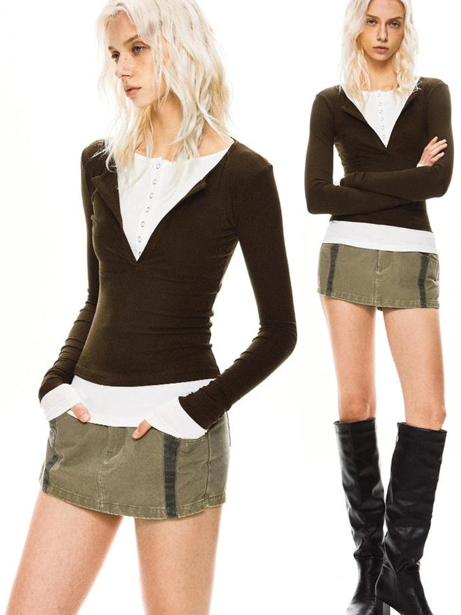 kvkv Two Tone Henley Layered Top