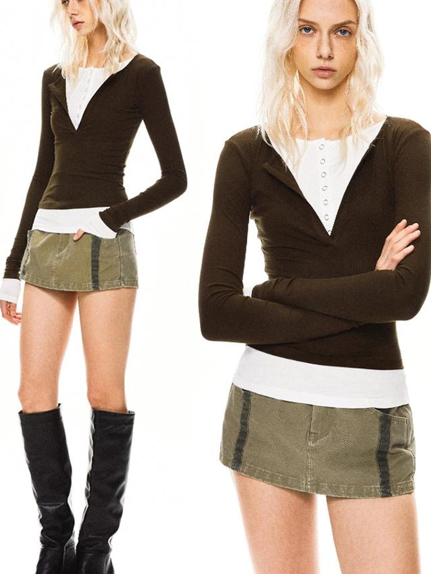 kvkv Two Tone Henley Layered Top
