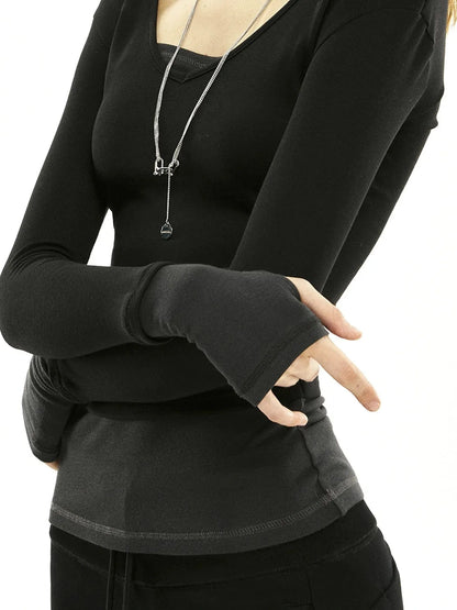kvkv Two Tone Mock Neck Slim Long Sleeve Top