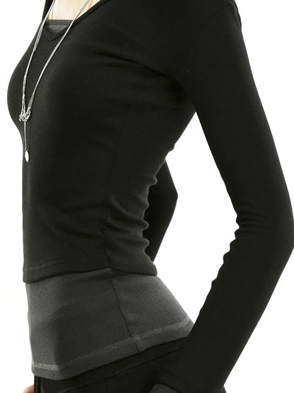kvkv Two Tone Mock Neck Slim Long Sleeve Top