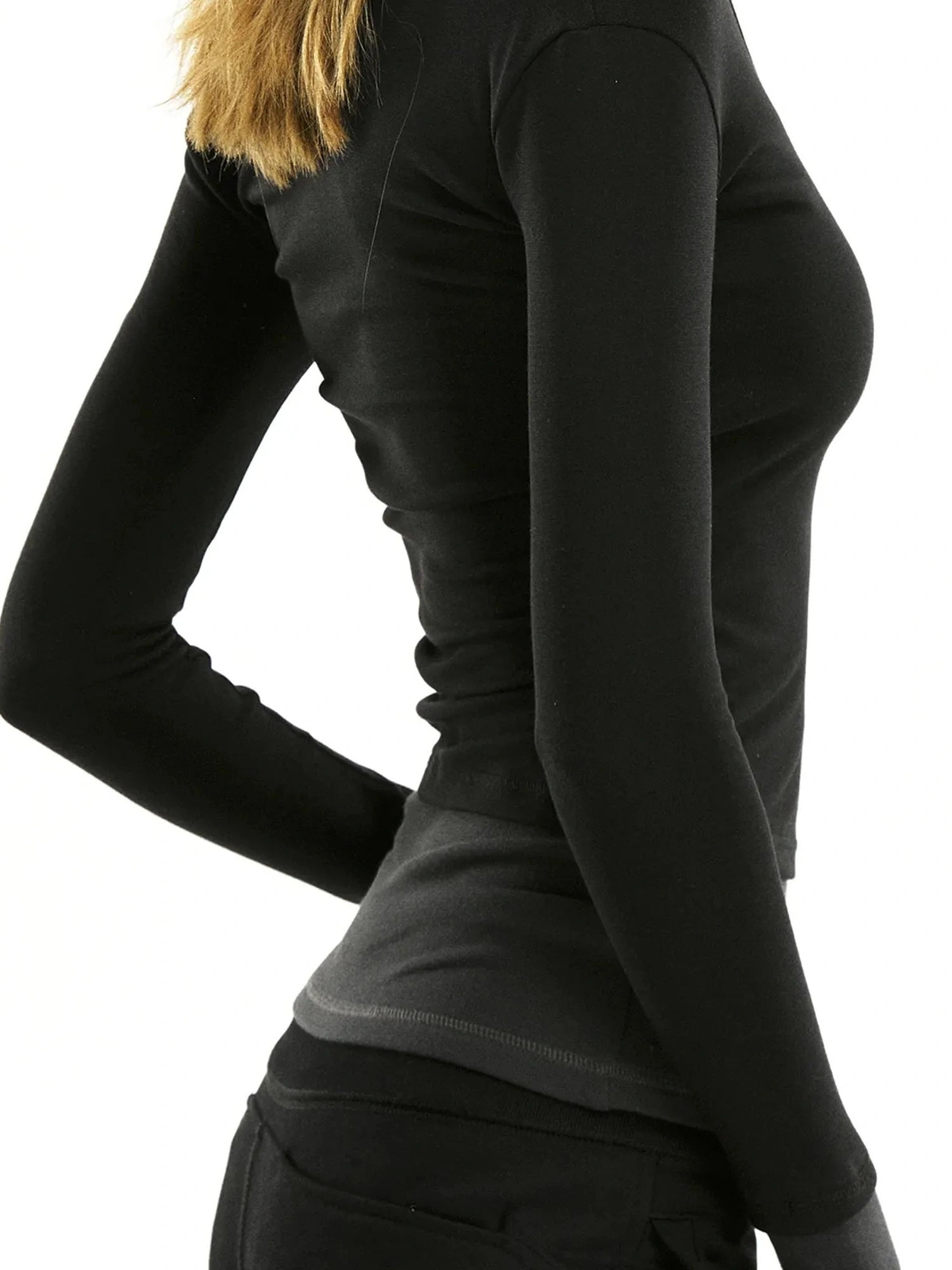 kvkv Two Tone Mock Neck Slim Long Sleeve Top