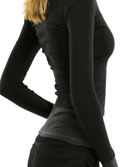 kvkv Two Tone Mock Neck Slim Long Sleeve Top
