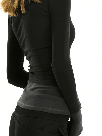 kvkv Two Tone Mock Neck Slim Long Sleeve Top