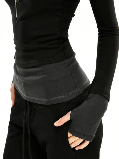 kvkv Two Tone Mock Neck Slim Long Sleeve Top