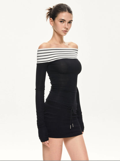 KVKV Yoga Clothing Brand - Two Tone Off Shoulder Slim Fit Long Sleeve Top