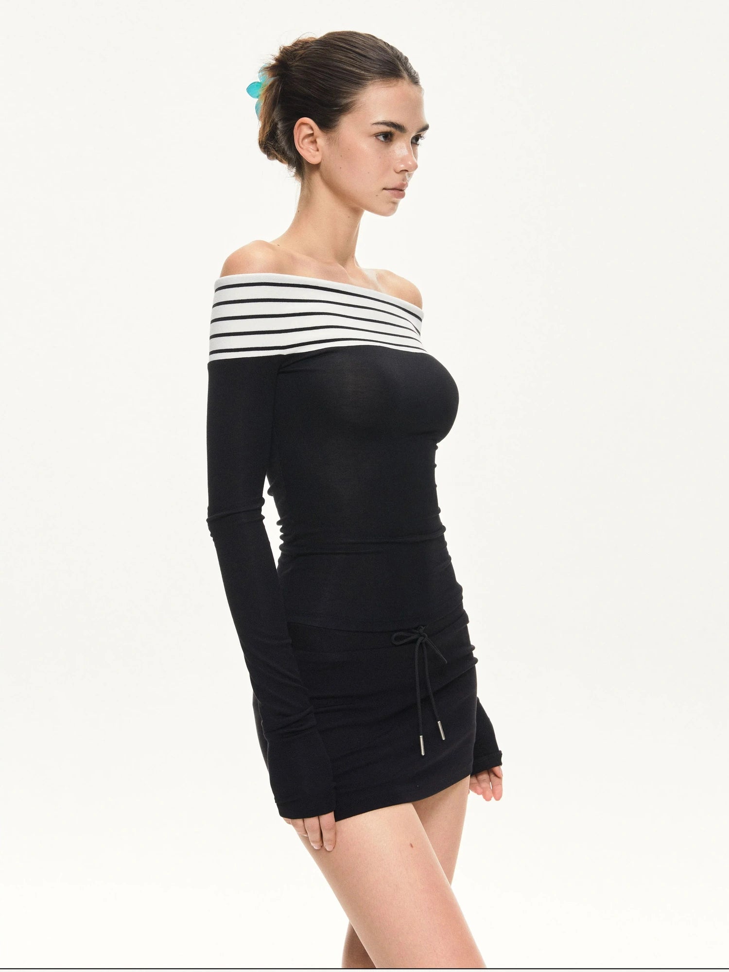 KVKV Yoga Clothing Brand - Two Tone Off Shoulder Slim Fit Long Sleeve Top