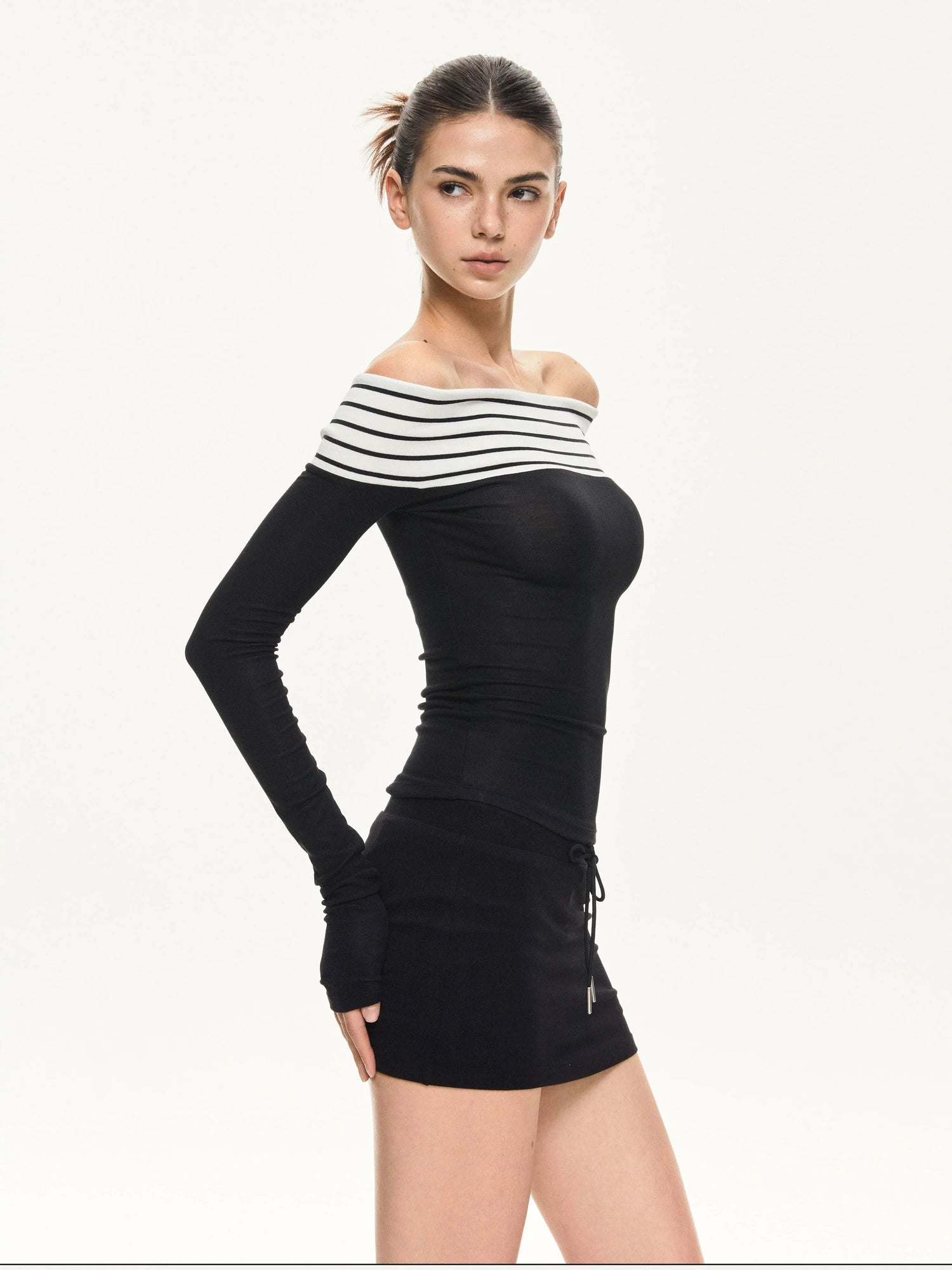 KVKV Yoga Clothing Brand - Two Tone Off Shoulder Slim Fit Long Sleeve Top