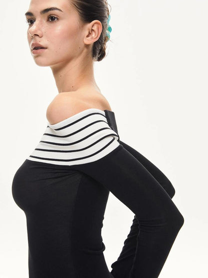 KVKV Yoga Clothing Brand - Two Tone Off Shoulder Slim Fit Long Sleeve Top