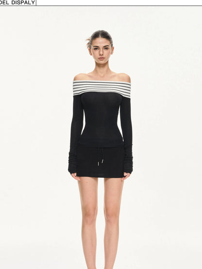 KVKV Yoga Clothing Brand - Two Tone Off Shoulder Slim Fit Long Sleeve Top