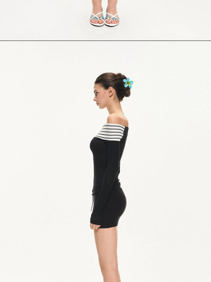KVKV Yoga Clothing Brand - Two Tone Off Shoulder Slim Fit Long Sleeve Top